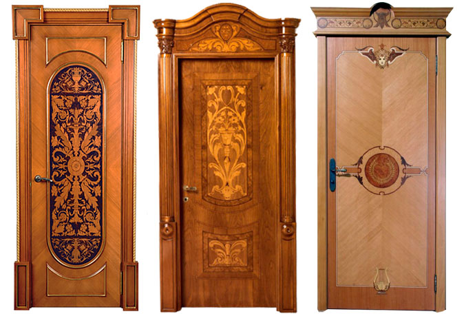 Деревянные двери, декорированные деревянной мозаикой
